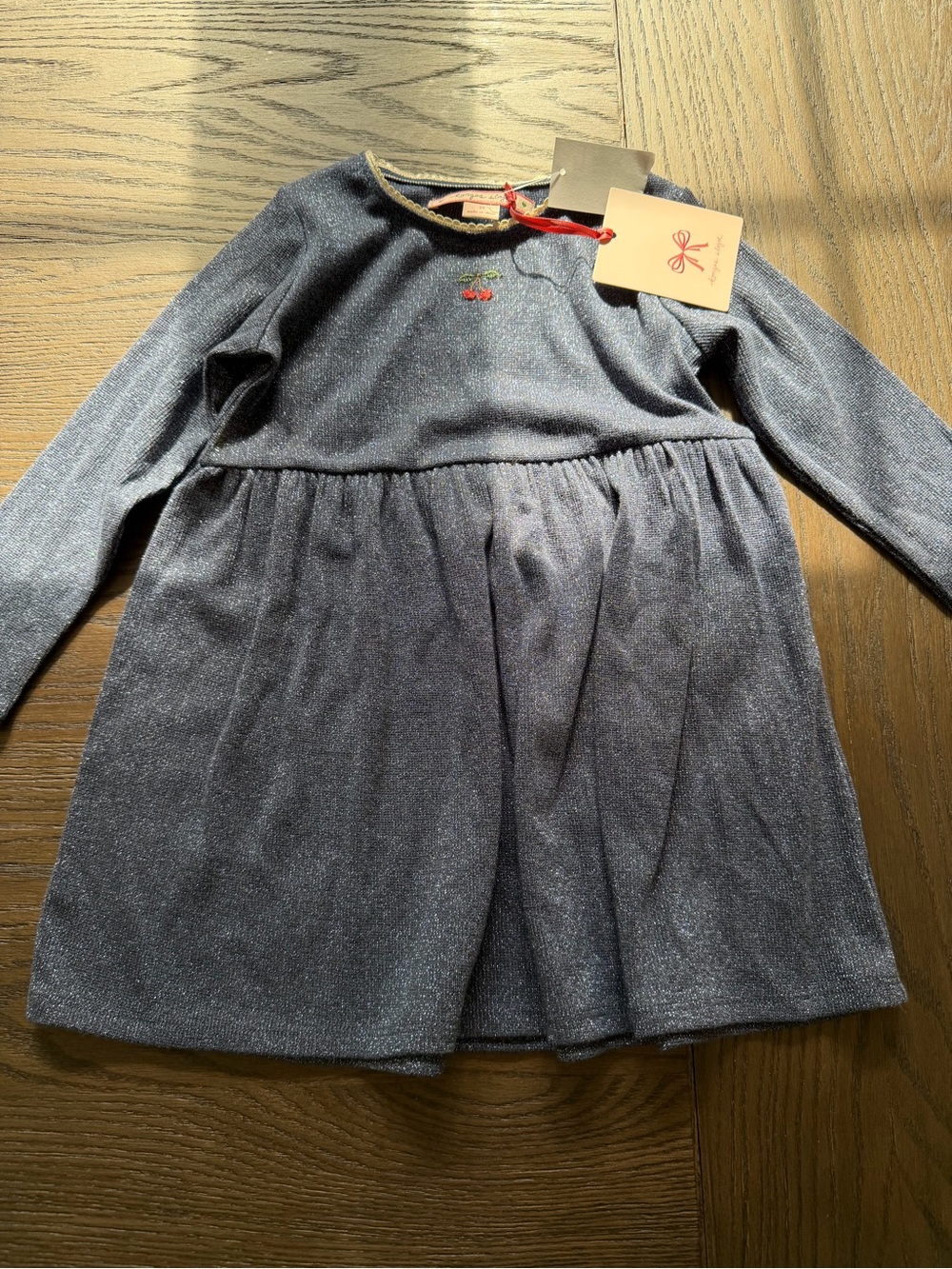 Sparkly Navy Long Sleeve Toddler Dress with Cherry Accent
